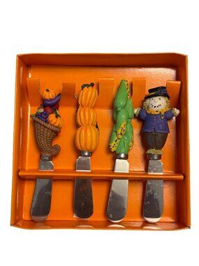 Autumn Accents Fall Halloween Cheese Spreader Set Pumpkin Corn Scarecrow 4 Pc